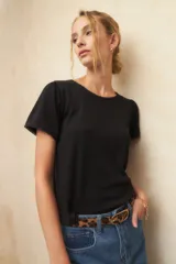 Remera de manga corta con detalle de puntillas en las mangas y cuello, de corte ajustado.
