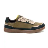 Zapatillas Caterpillar Pause Retro Leather de cuero color verde oliva, con detalles en beige y azul marino.