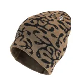 Gorro de lana color marrón con estampado abstracto en negro.