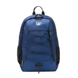 Mochila azul con elementos reflectantes, bolsillos laterales de malla y un compartimento principal con bolsillo interior.
