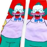 Medias rojas con diseño de Krusty el payaso de Los Simpsons, con detalles en verde, blanco, celeste y amarillo.