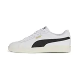 Championes Puma Smash 3.0 L de cuero blanco con franja lateral negra y logo dorado.