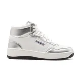 Zapatillas deportivas Skechers Sport Court 2.0 Soft Beam de caña alta, color blanco con detalles plateados. Presentan cordones, parte superior de durapiel sintética, plantilla Skechers Air-Cooled Memory Foam y suela de tracción flexible.