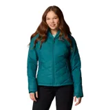 Campera puffer color salmón con capucha, cierre frontal y bolsillos laterales con cierre. Cuenta con tecnología termorreflectante Omni-Heat™ y puños con orificios para los pulgares.
