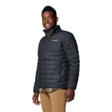 Campera puffer negra para hombre, marca Columbia, modelo Powder Lite II. Cuenta con forro termorreflectante Omni-Heat™, tecnología Omni-Shield™ repelente al agua y aislamiento Thermarator™ de poliéster reciclado. Tiene cierre frontal, bolsillos con cremallera, protección de barbilla, puños elásticos y dobladillo ajustable con cordón.