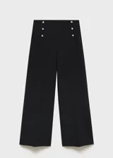 Pantalón wideleg negro de tiro medio con detalle metálico y cierre lateral.