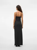 Vestido midi negro de fiesta con tirantes finos y lurex plateado.
