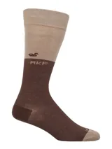 Calcetines largos marrones con puntera y talón beige, banda horizontal con logo y texto "RKF" en beige. Confeccionados en bambú.