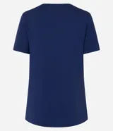 Remera deportiva azul marino de viscosa, con cuello en V, mangas cortas y estampa frontal con la frase "sometimes active, always moving".