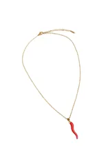 Collar dorado con dije de pimiento rojo.