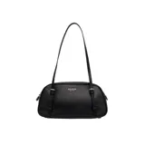 Cartera bandolera negra de cuero sintético con correa fina ajustable.