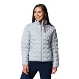 Campera Columbia Delta Ridge II para mujer, color gris claro con patrón geométrico en relieve. Cuenta con tecnología Omni-Heat reflectante, HeatSeal, Omni-Shield y plumón certificado por RDS.