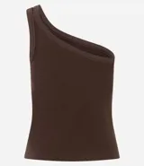 Blusa de rib color marrón, con escote asimétrico de un solo hombro y doble asa.
