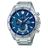 Reloj Casio Edifice plateado con esfera azul y detalles en blanco. El reloj tiene cronógrafo, calendario y es resistente al agua hasta 100 metros.