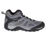 Bota de trekking Merrell Yokota 2 Mid WP, color gris con detalles en negro. Fabricada con gamuza y malla resistente al agua, con tecnología M Select™ GRIP para tracción y M Select™FRESH para control de olores. Cuenta con puntera protectora de goma, soporte de talón de TPU, plantilla Kinetic Fit™ y amortiguación Merrell Air Cushion.