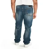 Pantalón de jean de corte recto, color azul oscuro, con cinco bolsillos y logo de CAT en la parte trasera.