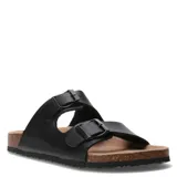 Sandalias blancas con dos tiras ajustables con hebilla metálica, plantilla de corcho y suela blanca.
