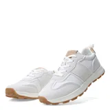 Zapatillas deportivas beige y blanco con cordones.