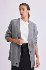 Cardigan de punto gris melange con botones marrones.