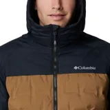 Campera Columbia Grand Trek III para hombre, color marrón y azul marino, con capucha ajustable y cierre frontal. Cuenta con tecnología termorreflectante Omni-Heat Infinity, costuras selladas Omni-Tech, aislamiento de plumón de 650 fill power y bolsillos con cremallera.