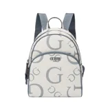 Mochila Guess mediana color blanco con estampado de la letra G en celeste. Tiene correas de hombro ajustables en celeste y un asa superior.