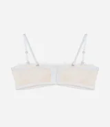 Soutien sin copa con aro, confeccionado en encaje floral color blanco. Presenta tirantes finos regulables y removibles, y cierre trasero con gancho.
