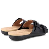 Sandalia casual de cuero color negro, con dos tiras anchas ajustables con hebillas metálicas negras.