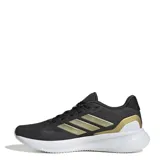 Championes Adidas Runfalcon 5, color negro con detalles dorados y suela blanca. Zapatillas de running con tecnología Cloudfoam para mayor amortiguación y comodidad.