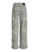 Pantalón de pierna ancha con estampado de cebra, tiro alto, cierre con cremallera y múltiples bolsillos.