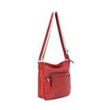 Bandolera marrón de cuero sintético con correa larga regulable combinada a tono. Tiene dos bolsillos frontales con cierre, apertura superior con cierre, división interna, bolsillos internos y bolsillo trasero con cierre.