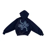 Sudadera con capucha o buzo con cierre aleatorio de la marca Luccabossio, color negro, con un gran signo de interrogación gris estampado en el frente.