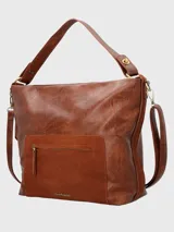 Cartera de hombro Hush Puppies modelo Laryn Hobo, color negro, confeccionada en ecocuero con detalles de cuero natural. Tiene compartimento principal con cierre, bolsillo delantero con cuero, bolsillo interior con cierre, correa extraíble y ajustable, y forro interior de poliéster reciclado.