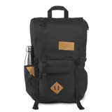 Mochila JanSport Hatchet negra con detalles en marrón. Cuenta con compartimento para laptop, bolsillo para tablet, organizador interno y espacio para botellas.