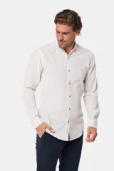 Camisa celeste a rayas de lino, con cuello mao y corte slim.
