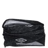 Buff tubular deportivo Umbro, color negro con estampado geométrico de líneas blancas entrecruzadas. Presenta el logo de Umbro en blanco en la parte inferior.