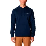 Buzo Columbia Beaumont Hoodie azul marino para hombre, con capucha ajustable con cordón, bolsillo tipo canguro y logo de la marca estampado en blanco en el pecho y en la manga.