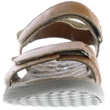 Sandalias negras de mujer, estilo casual, con tiras ajustables mediante velcro en el empeine y tobillo. Presentan una suela gruesa y ergonómica con plantilla contorneada. Se observa un logo grabado en la tira del tobillo.