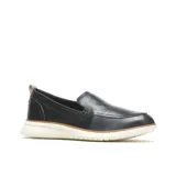 Mocasín de cuero negro con suela blanca de goma.