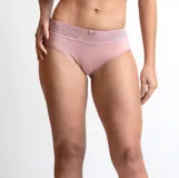 Bombacha tiro medio de algodón orgánico color rosa, con detalle de encaje en la cintura y moño pequeño en el centro.
