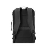 Mochila negra de poliéster y cuero, con asas reforzadas, compartimento para laptop de hasta 17 pulgadas, bolsillo trasero oculto y cinturón para valija.
