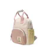 Mochila pequeña combinada en tonos beige, rosa y amarillo, con bolsillo frontal acolchado y bordado con la frase 'paix amour bonheur'.