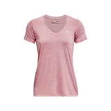 Remera deportiva Under Armour color rosa con cuello en V y logo estampado en el pecho. Confeccionada con tejido UA Tech que seca el sudor rápidamente.