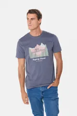 Remera gris de manga corta con cuello redondo y estampado de paisaje de montaña con osos y pinos. Incluye el texto "legacy brand get elevated".