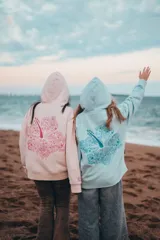 Hoodie celeste con capucha, puños y ruedo acanalados. Presenta un bordado en el pecho con motivos playeros y la frase "Glassy Waves".