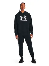 Buzo Under Armour con capucha, color celeste, con logo estampado en blanco en el pecho y bolsillo tipo canguro.