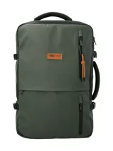 Mochila RKF color verde oscuro, fabricada con poliéster reciclado repelente al agua. Cuenta con tres compartimentos independientes con cierre cremallera, compartimento para laptop de 15 pulgadas, triple bolsillo frontal con cierre cremallera, mango lateral para usar como maletín, correas ajustables, almohadillas en la espalda, pasador para maleta y broches laterales.