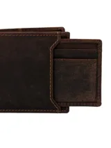 Billetera de cuero marrón con costuras a la vista, tarjetero extraíble con ventana y tecnología RFID.