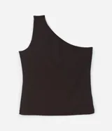 Blusa marrón de microfibra con elastano, de hombro único y bretel mediano.