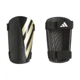 Espinilleras Adidas Tiro Training unisex, color negro con detalles dorados y logo de la marca en blanco. Incluyen correas ajustables con velcro para un ajuste seguro.