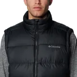 Chaleco acolchado Columbia Pike Lake II para hombre, color negro, con cierre frontal, cuello alto y logo de la marca bordado en el pecho. Cuenta con tecnología termorreflectante Omni-Heat™ y bolsillos laterales con cierre.